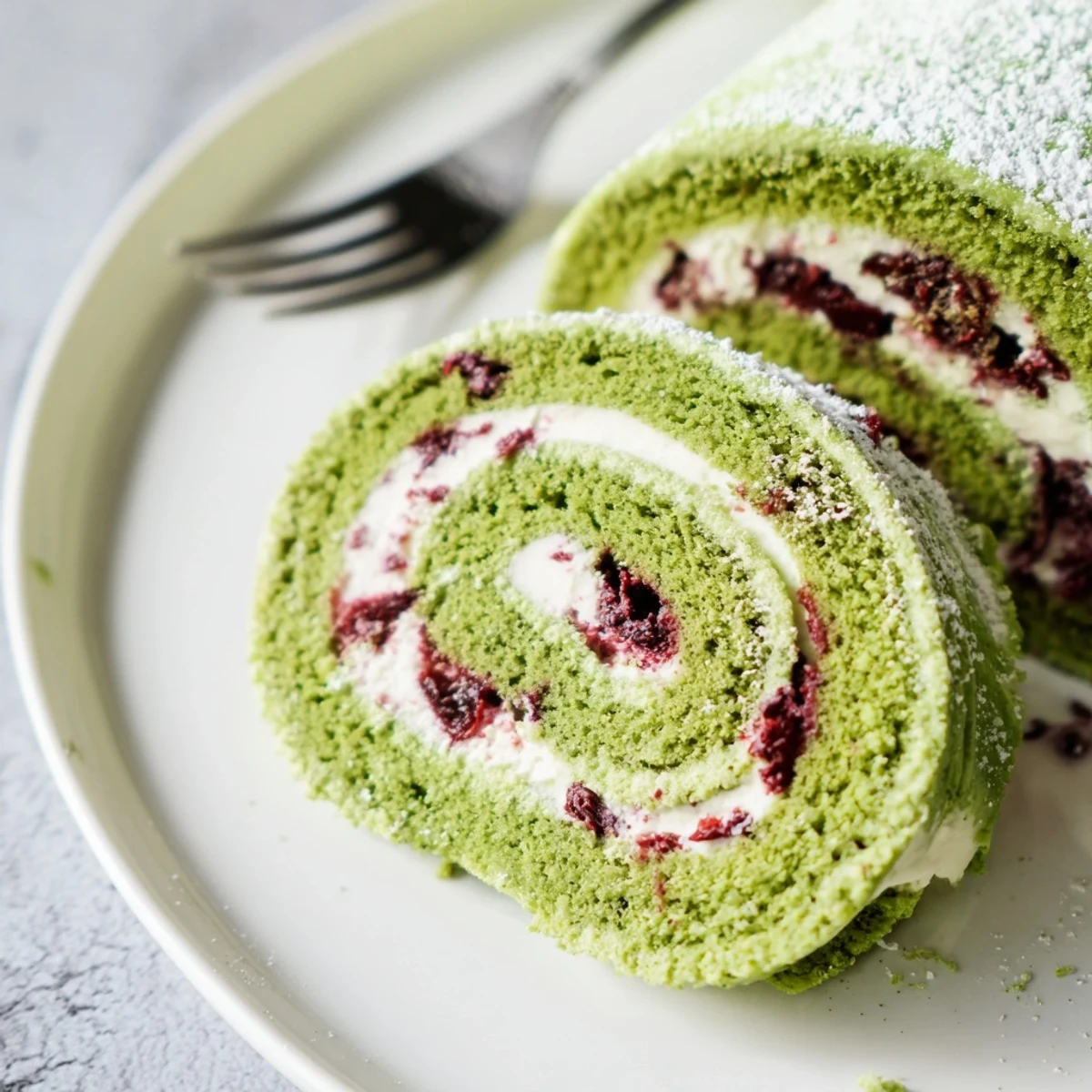 Deliciously rolled matcha sponge cake topped with sweet cranberry whipped cream and powdered sugar.  