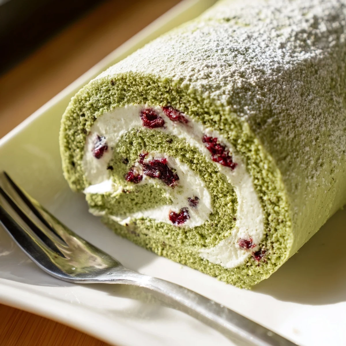 Elegant matcha Swiss roll dessert showcasing vibrant cranberry cream, ideal for festive gatherings.