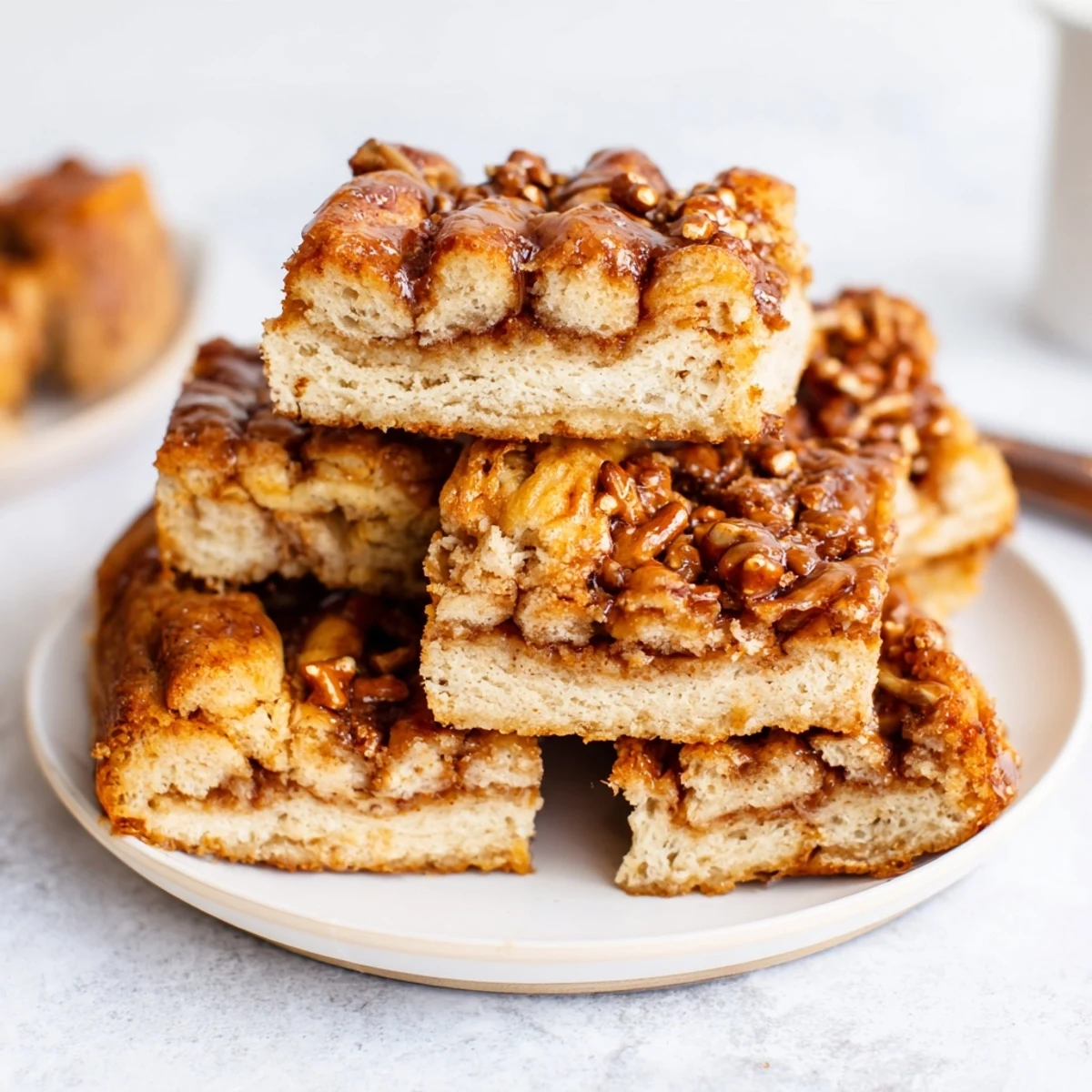 Buttery cinnamon sugar maple bourbon flaky pretzel biscuit bars with crunchy topping.  