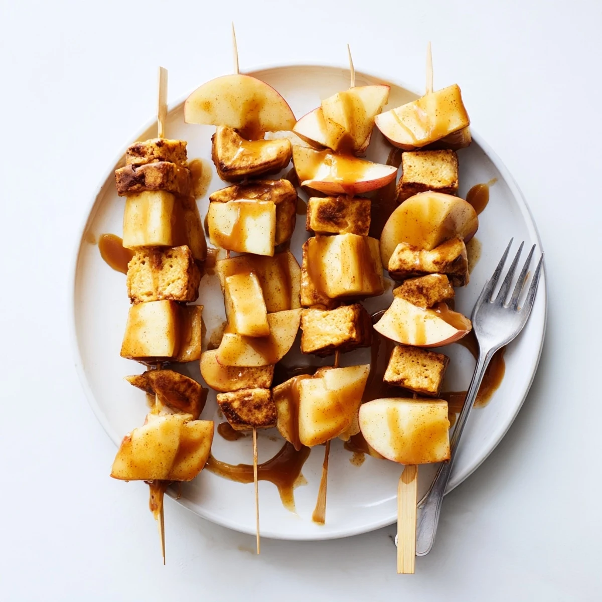 Delicious Caramel Apple Chai Pumpkin Pancake Muffin Skewers drizzled with warm caramel sauce.