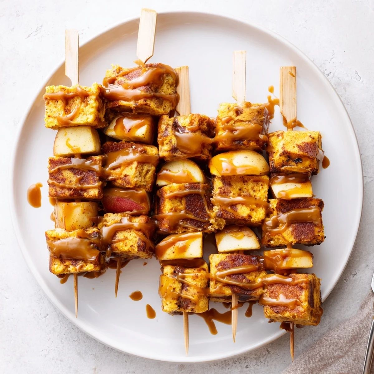 Autumn-inspired Caramel Apple Chai Pumpkin Pancake Muffin Skewers with spiced flavors and textures.