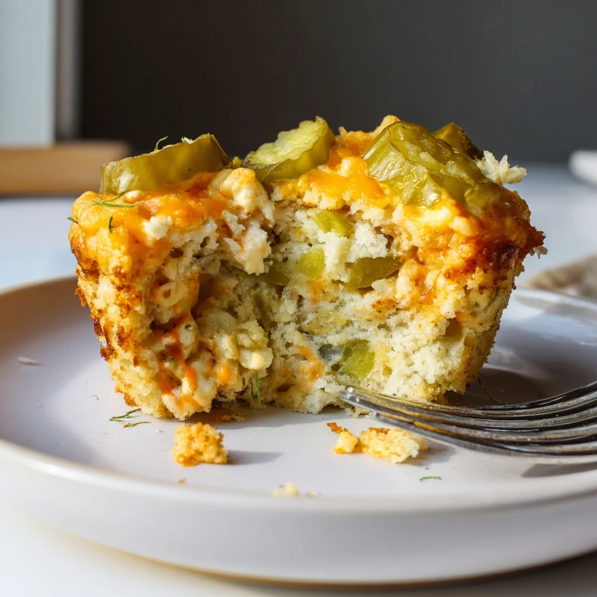 Savory Dill Pickle Buffalo Ranch Cheesecake Cake Muffins, warm and cheesy, perfect for snacking.  