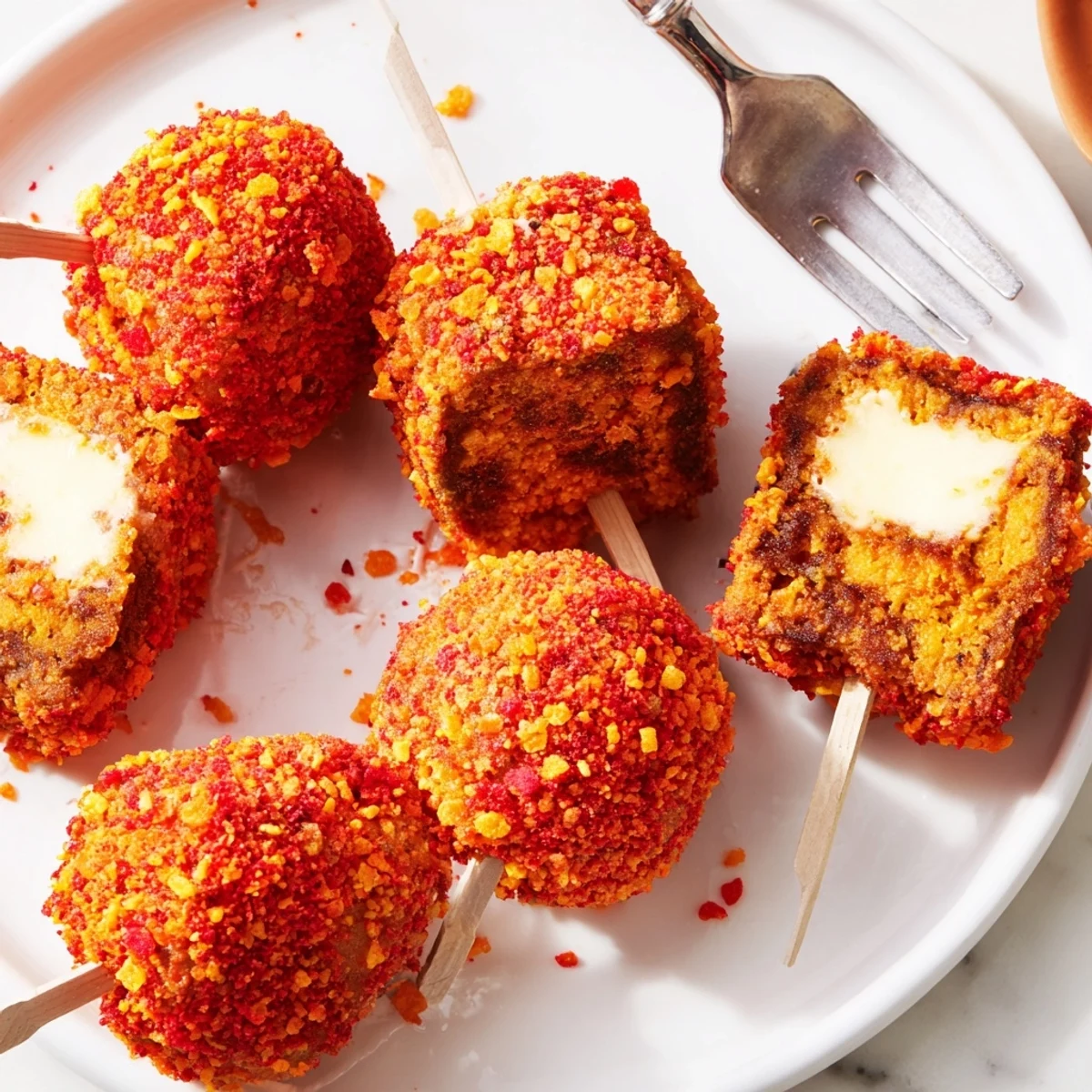 Deliciously spiced pumpkin muffin pops coated in Flamin Hot crunch, ideal for a party treat.  