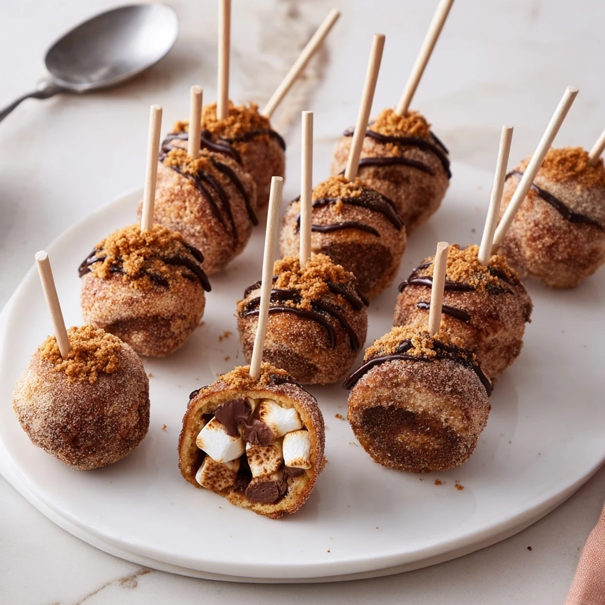 Fluffy Smores Churro Cake Pancake Pops coated in cinnamon sugar, perfect for breakfast.