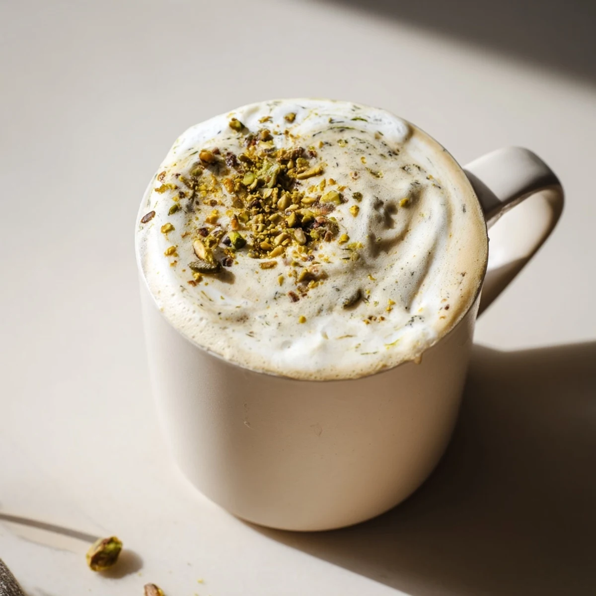 Homemade pistachio milk latte topped with crushed nuts and frothy foam.  