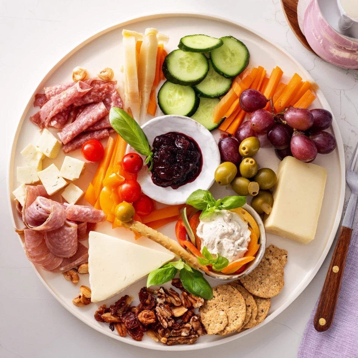 A colorful Girl Dinner Platter showcasing cheeses, fruits, and dips for sharing.  