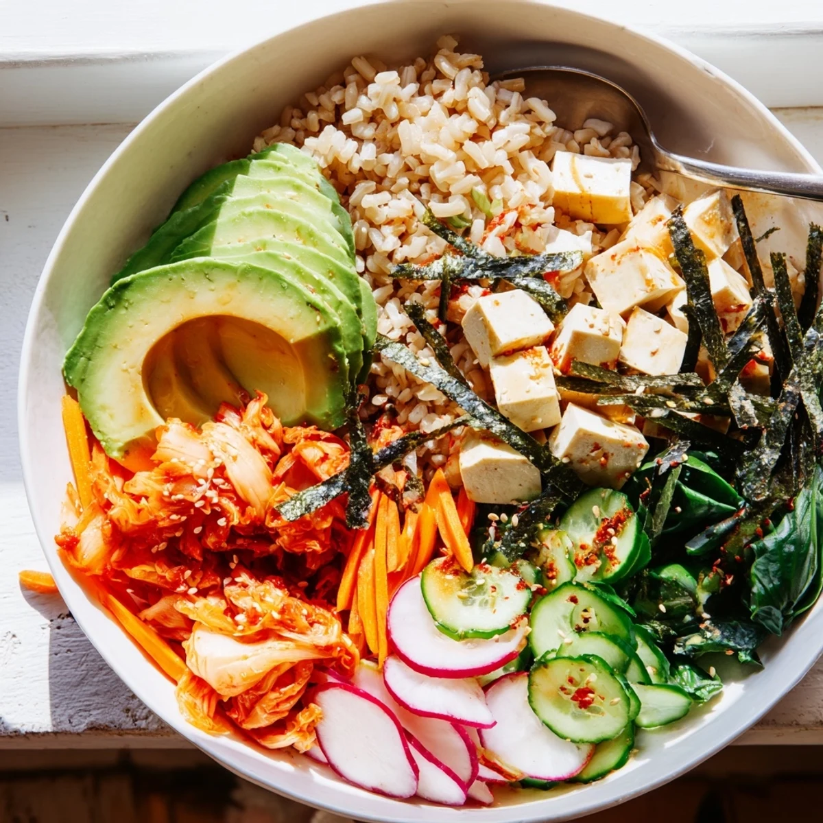 A colorful fermented vegetable bowl with kimchi, fresh veggies, and wholesome grains.  