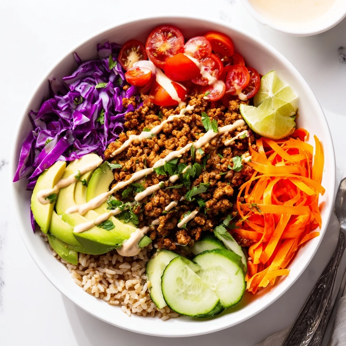 Satisfying plant-based meat bowl featuring vibrant vegetables and a spicy mayo drizzle.