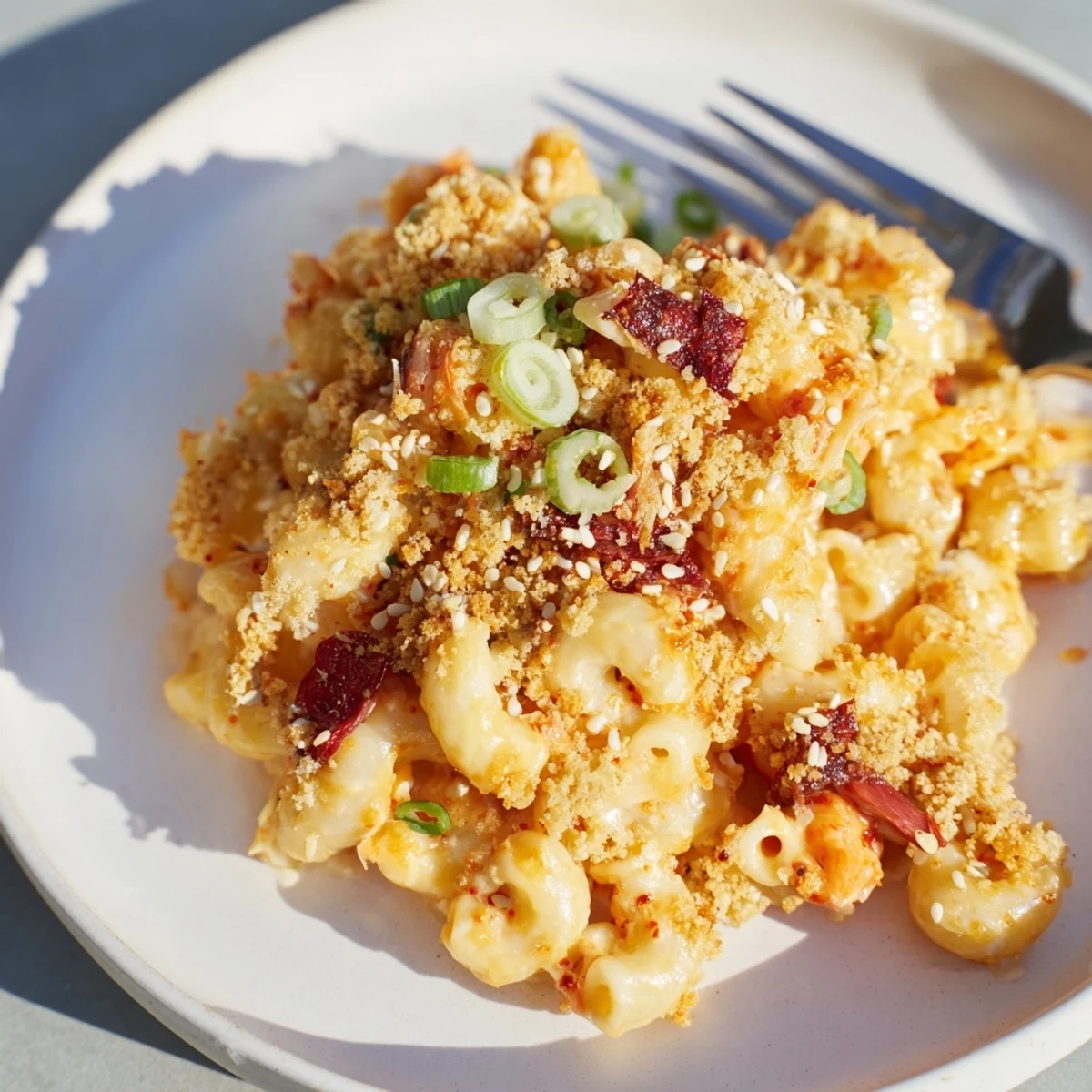 Baked Spicy Kimchi Mac & Cheese, a fusion delight bursting with cheesy, tangy flavors.  