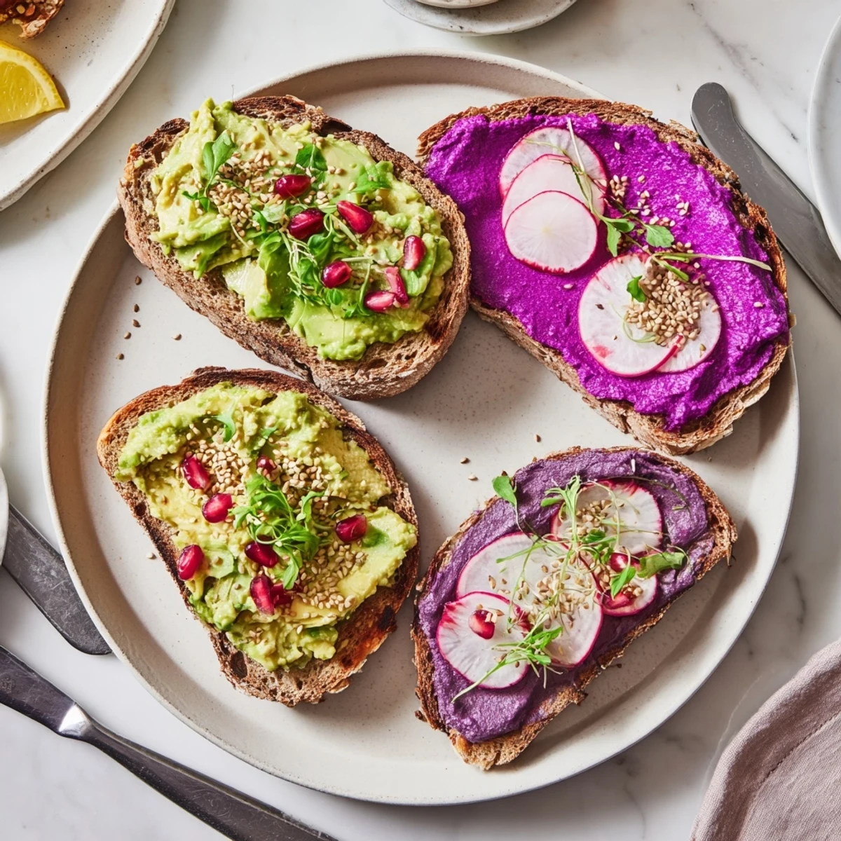 Colorful breakfast toasts with creamy ube spread and fresh toppings to enjoy.  