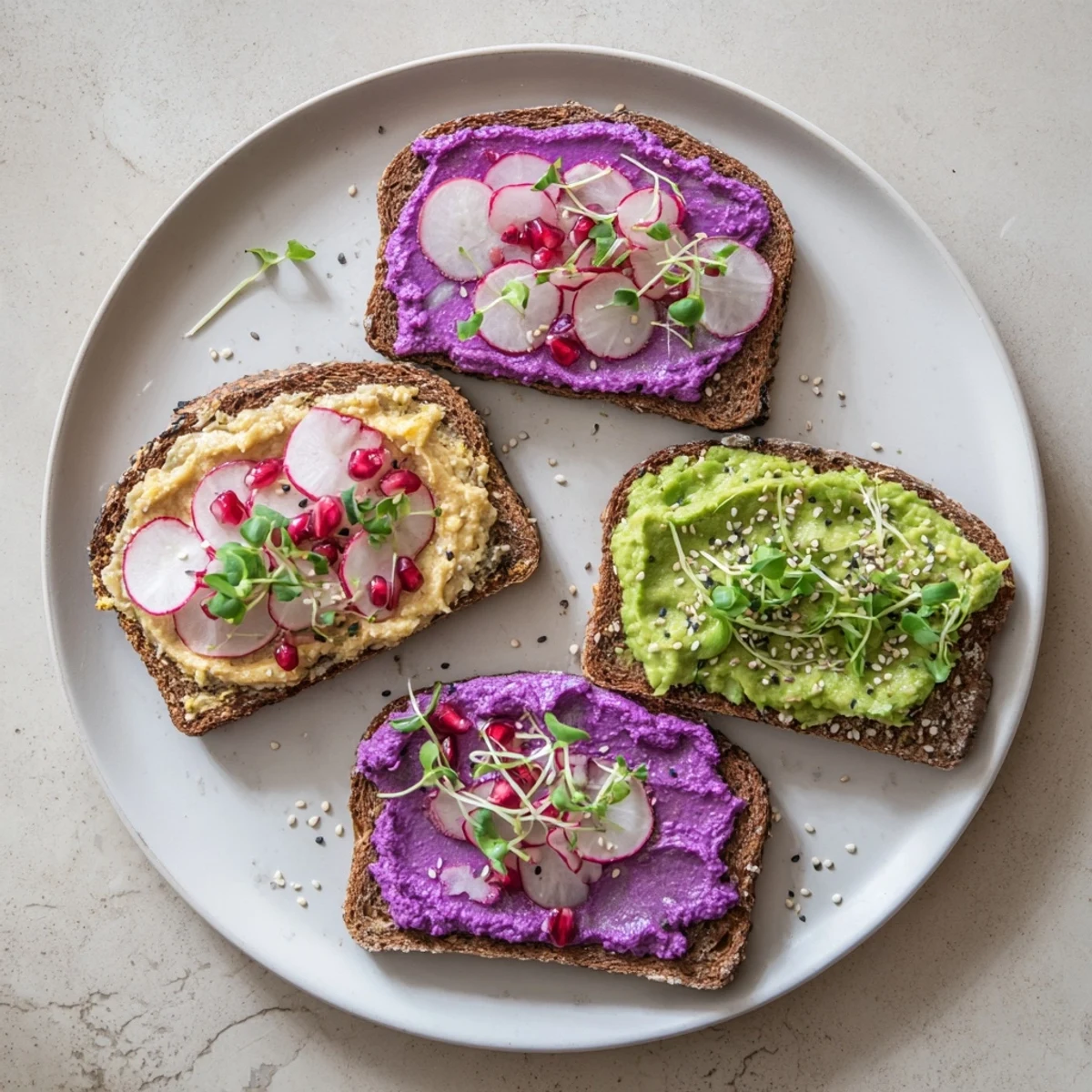 Delicious Bright & Bold Breakfast Toasts featuring purple yam, avocado, and radish.