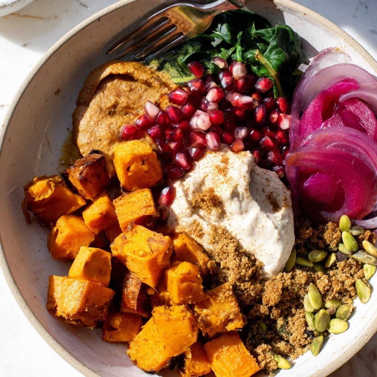 Delicious spiced winter bowls brimming with roasted veggies and ube-coconut purée.  