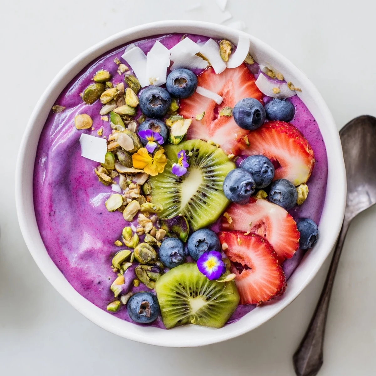 Colorful smoothie bowl featuring creamy textures and bright edible flowers for breakfast.  