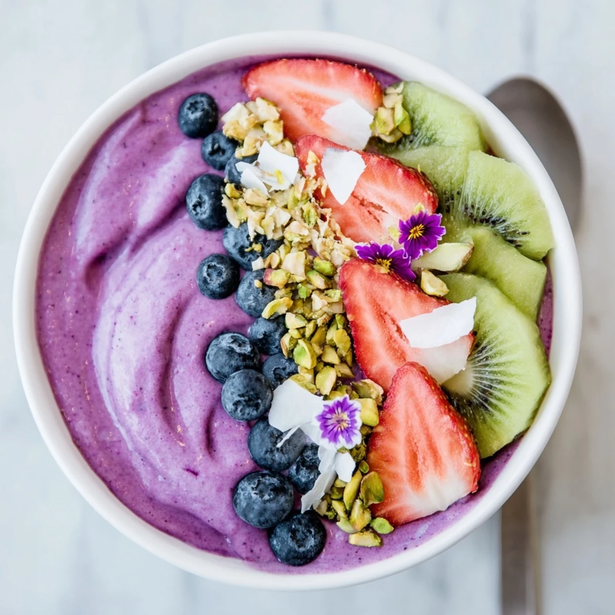 Delightful smoothie bowl with unique flavors, garnished with kiwi and crunchy granola.