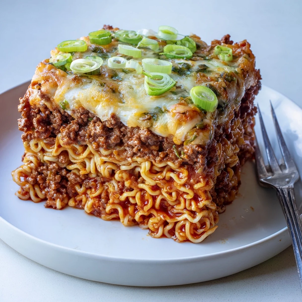 Spicy Ramen Lasagna layered with savory pork, creamy cheese, and flavorful sauce.  