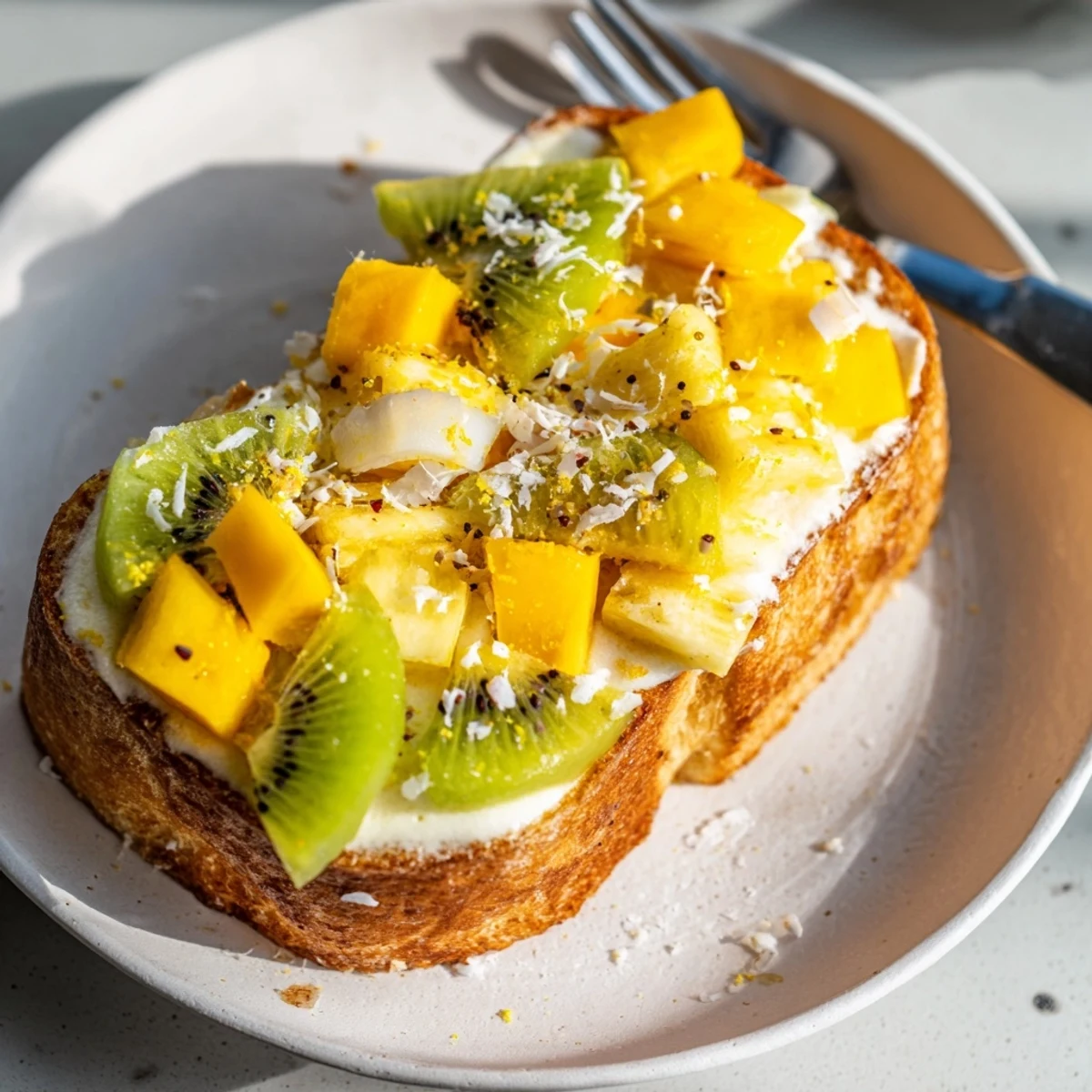 Creamy Yogurt-Custard Toast 2.0 topped with fresh tropical fruits and coconut.  
