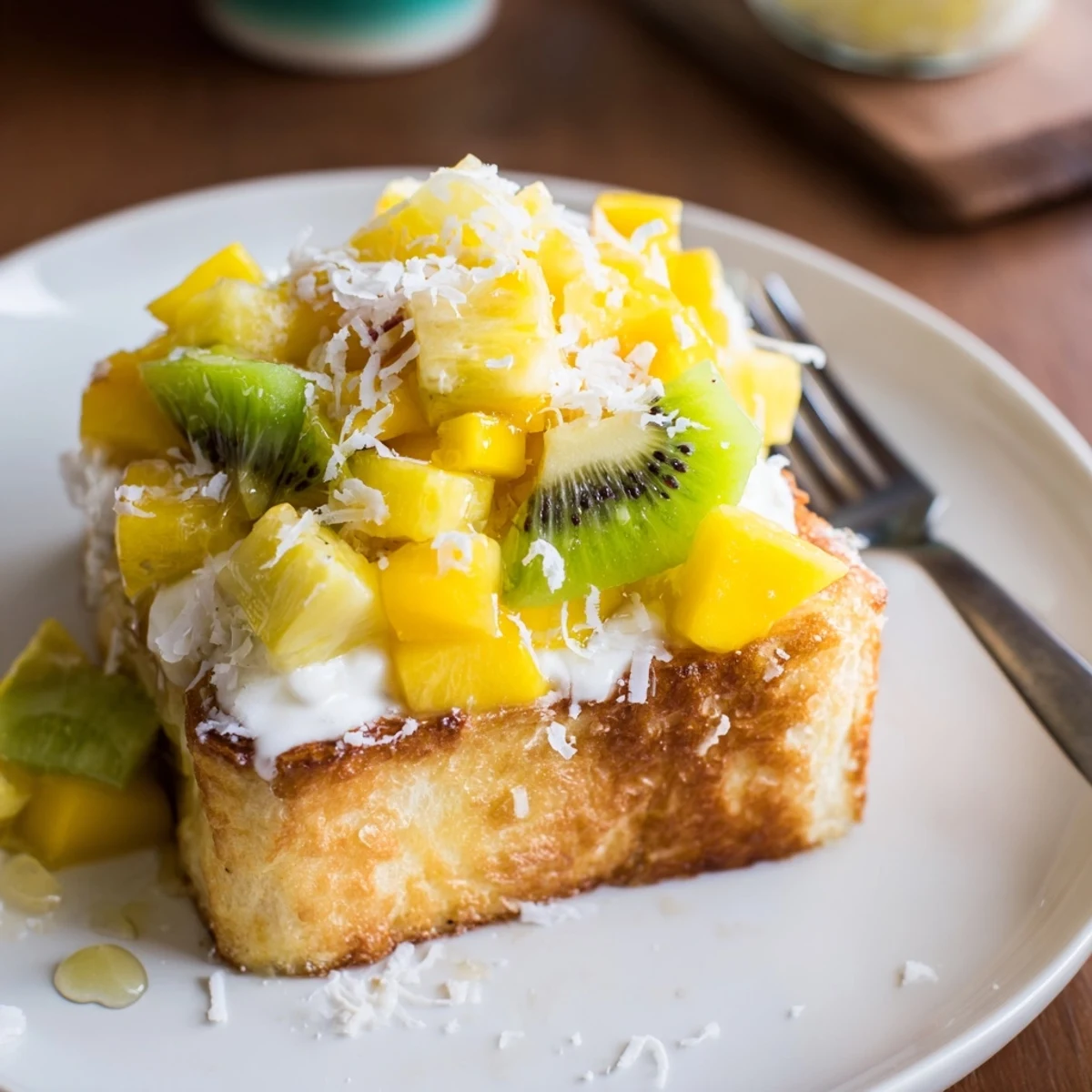 Deliciously baked Yogurt-Custard Toast 2.0 with mango, kiwi, and pineapple.  