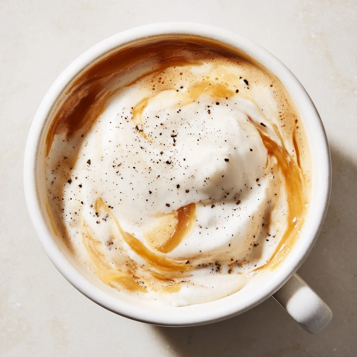 A savory Onion Latte topped with creamy froth, perfect for adventurous coffee lovers.  