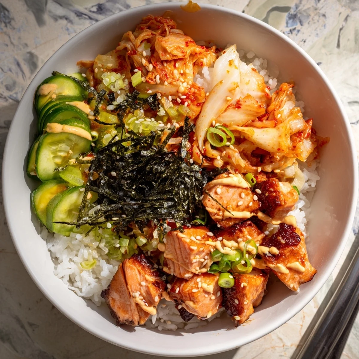 Perfectly cooked crispy salmon layered over fluffy rice with vibrant kimchi and avocado.  