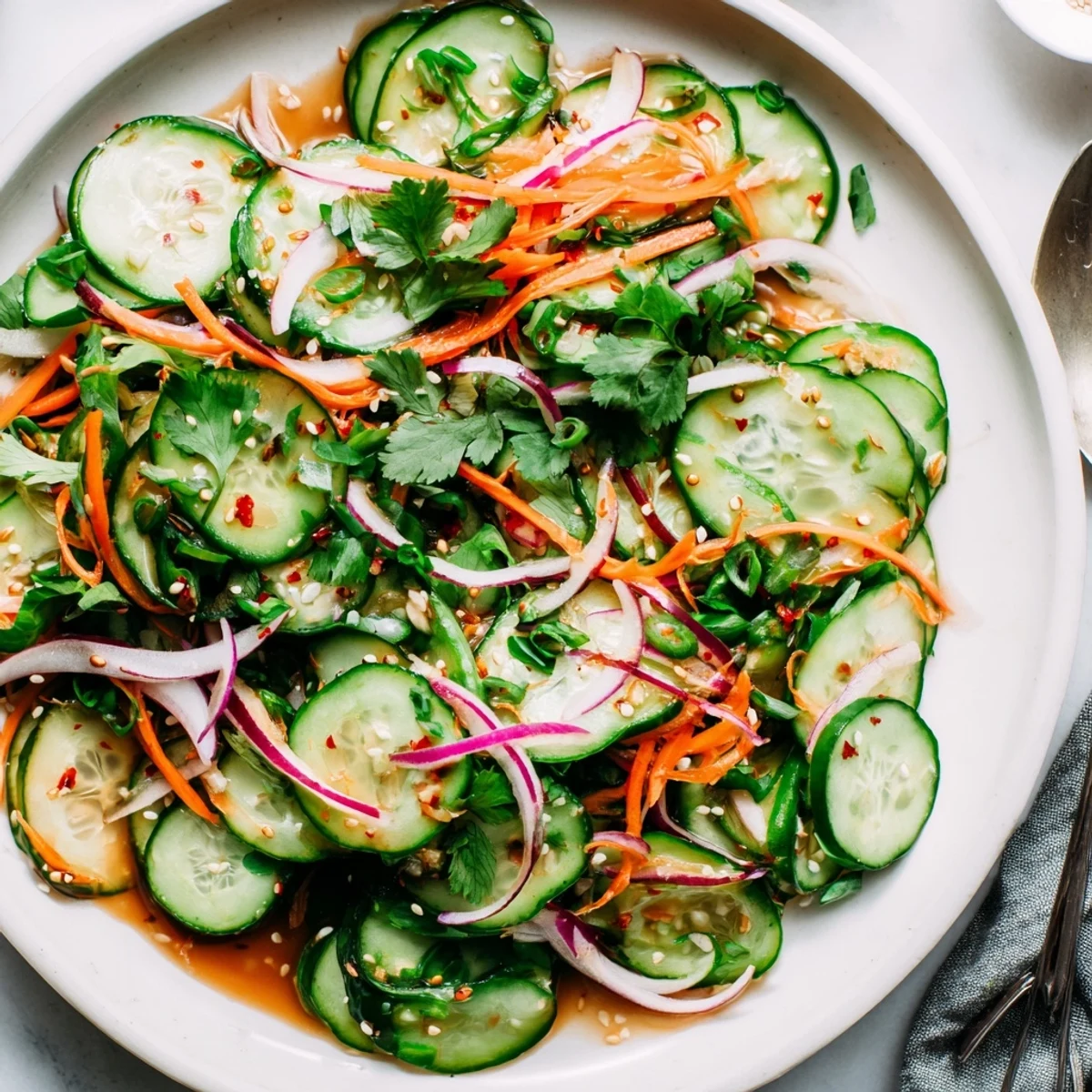 Colorful layers of veggies in Cucumber Salad Remix, drizzled with zesty Asian-inspired dressing.  