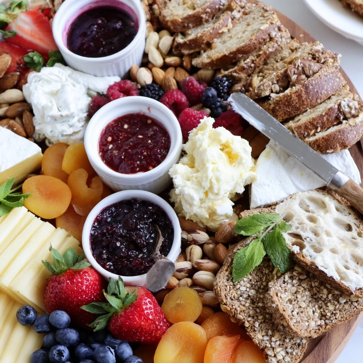 Brightly arranged jam-infused brunch board featuring artisanal breads and delicious spreads.  