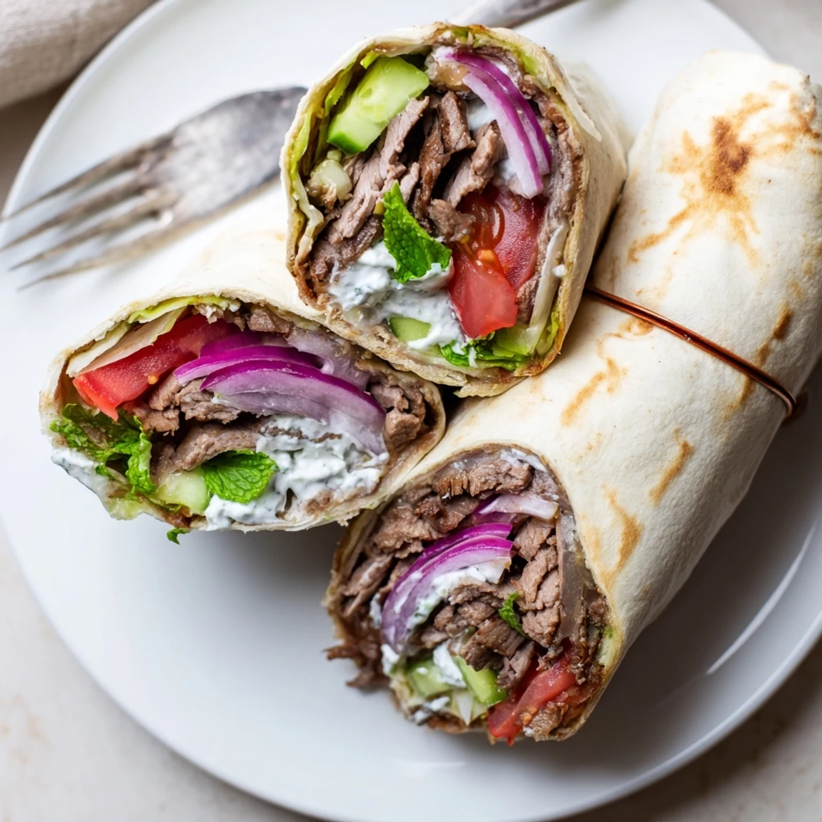 Tender beef shawarma wraps, filled with fresh veggies and creamy yogurt sauce.  
