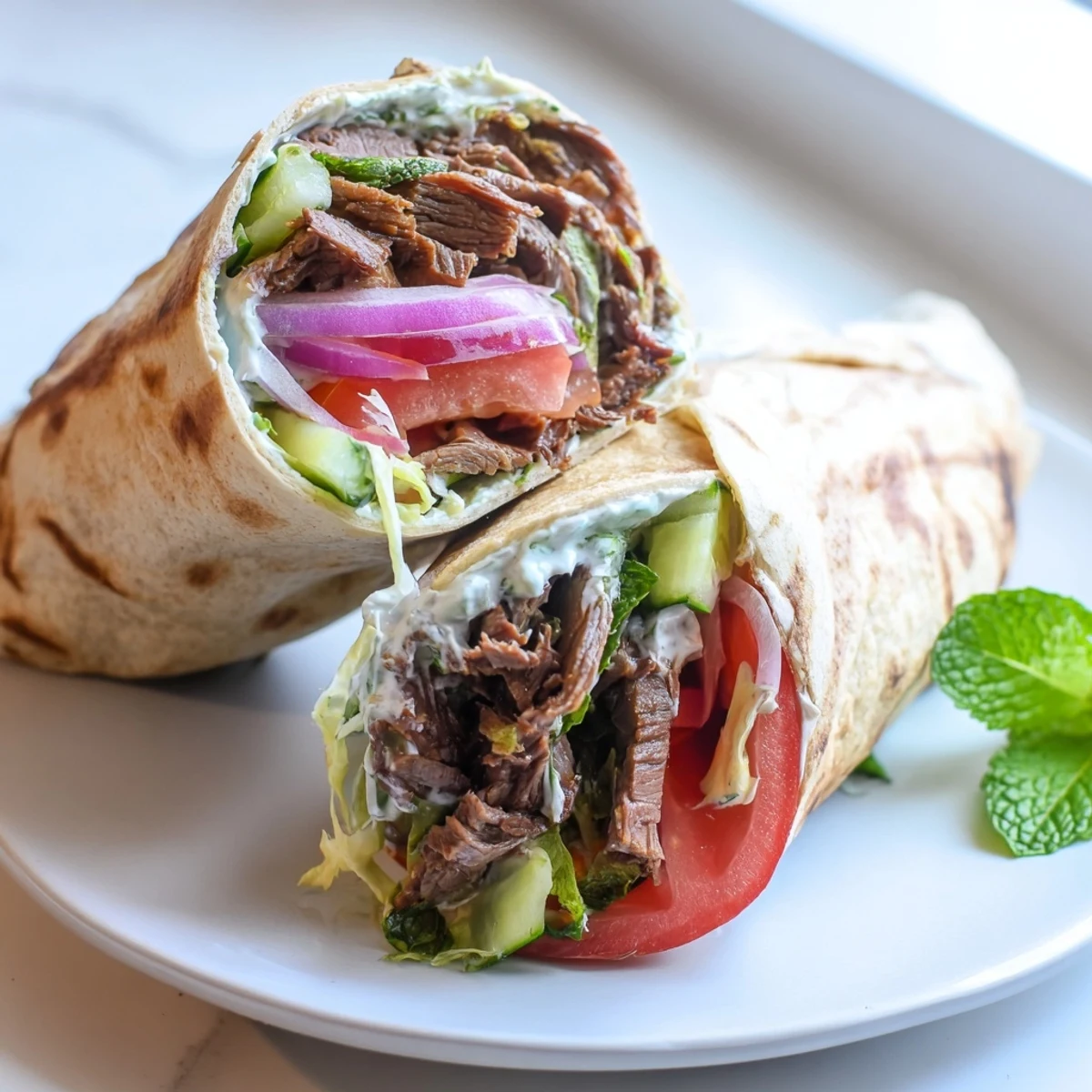 Warm flatbreads layered with spiced beef and zesty yogurt sauce, perfect for lunch.  