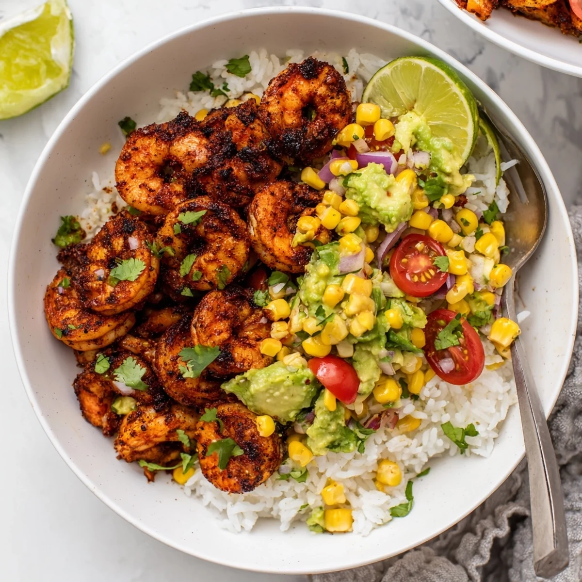 A colorful Blackened Shrimp Bowl with creamy avocado corn salsa and rice.  