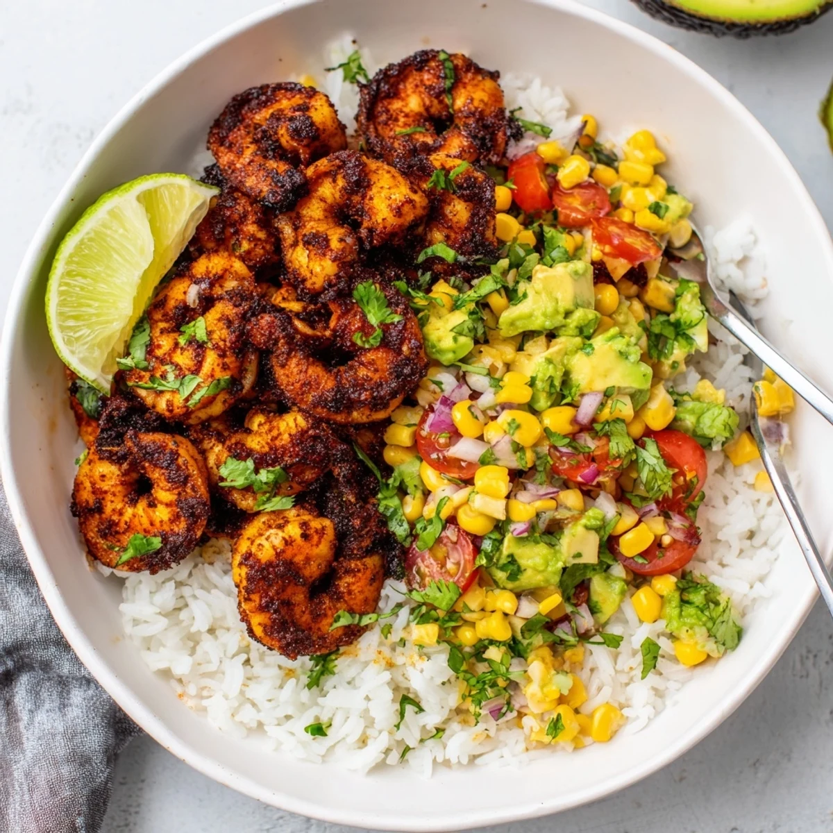 Spicy blackened shrimp atop fluffy rice, garnished with vibrant avocado corn salsa.  