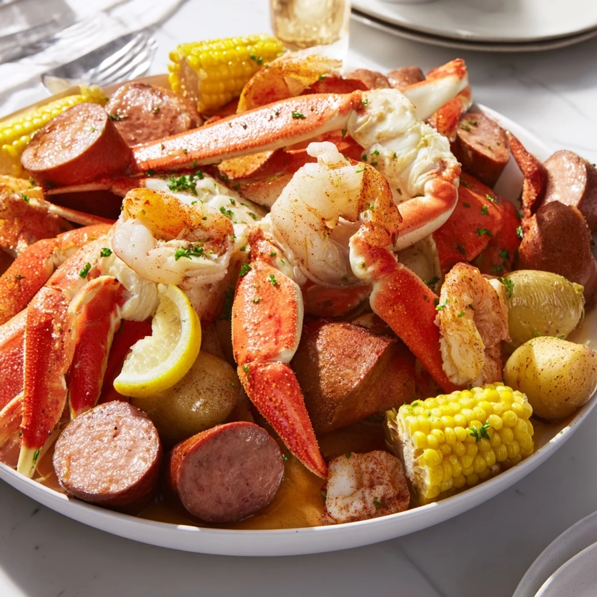 Flavorful seafood boil with crab, shrimp, and sausage served with melted butter.  