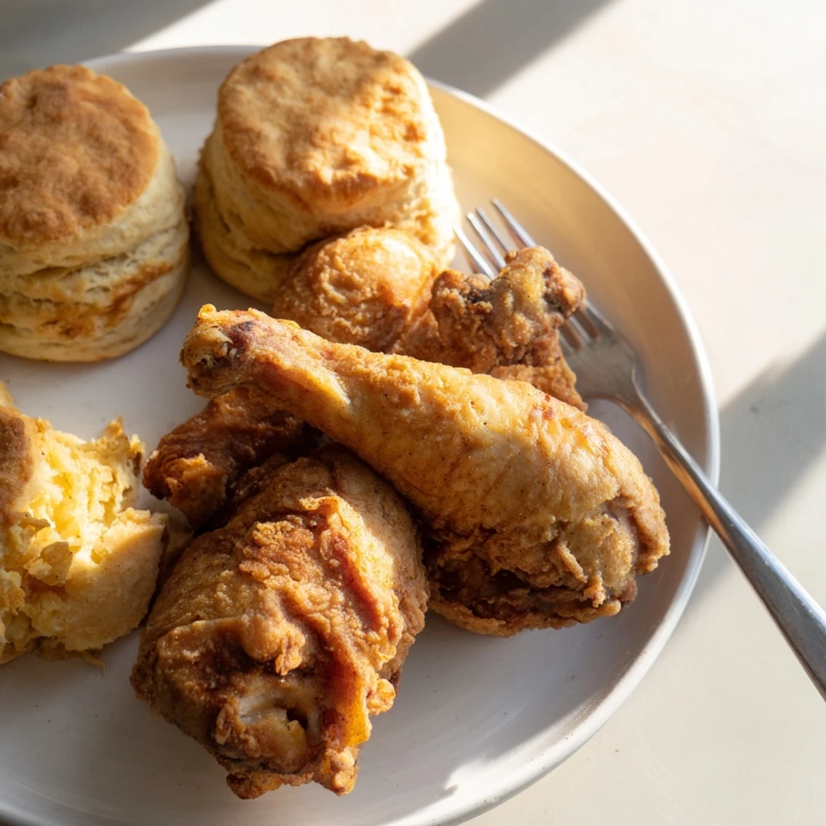 Crispy Southern Fried Chicken with fluffy buttermilk biscuits, a delicious comfort meal.  