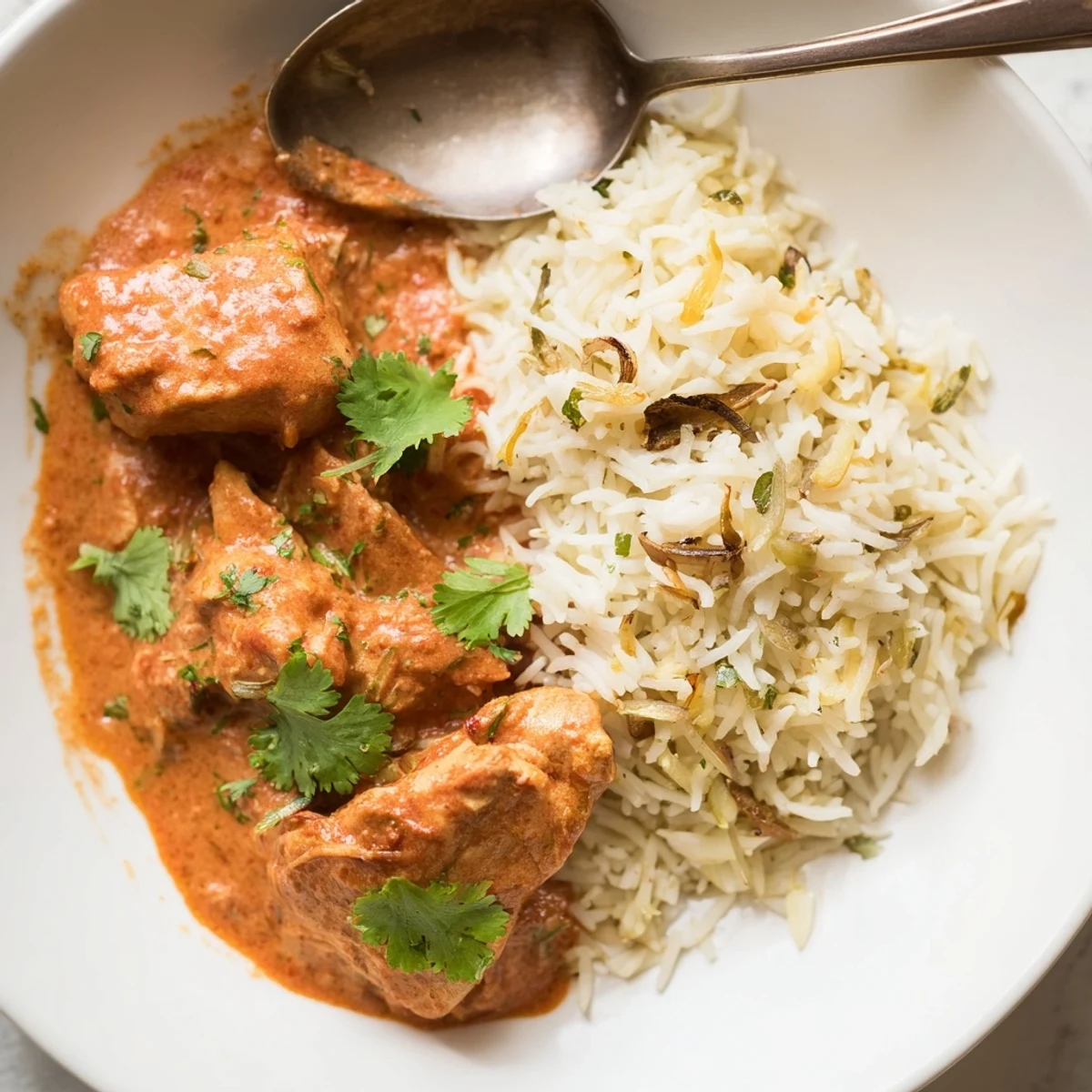 Delicious butter chicken topped with cilantro, served alongside fragrant basmati rice pilaf.  