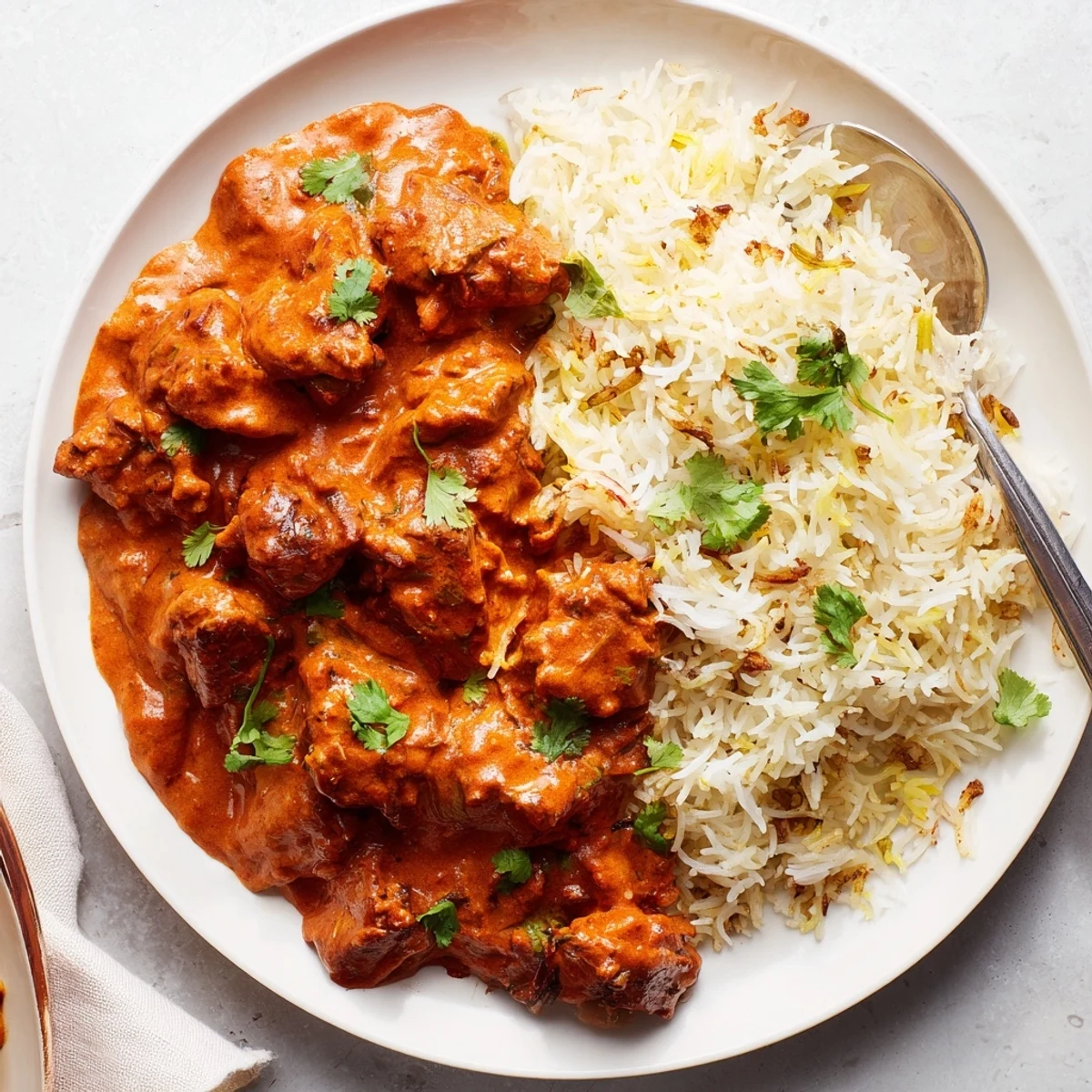 Succulent butter chicken simmering in creamy tomato sauce beside fluffy rice pilaf.  