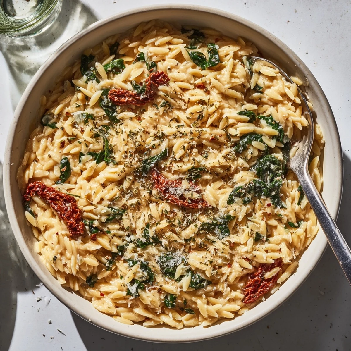 A comforting creamy Tuscan orzo bowl, loaded with spinach and sun-dried tomatoes.  
