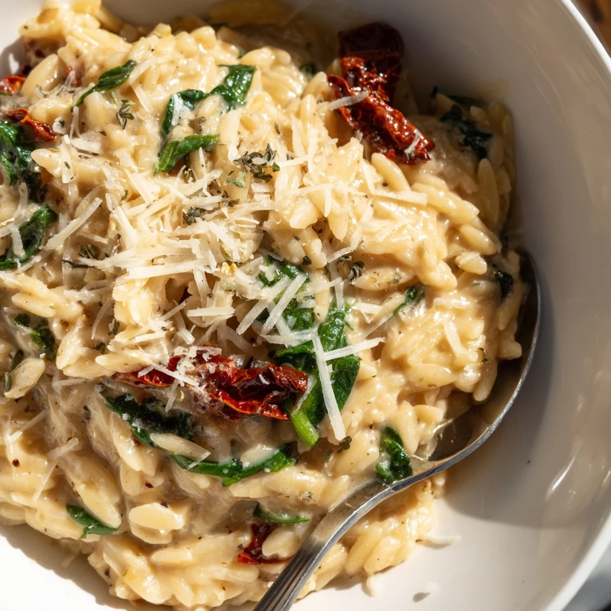 Delicious creamy Tuscan orzo bowl served with fresh herbs for vibrant flavor.  