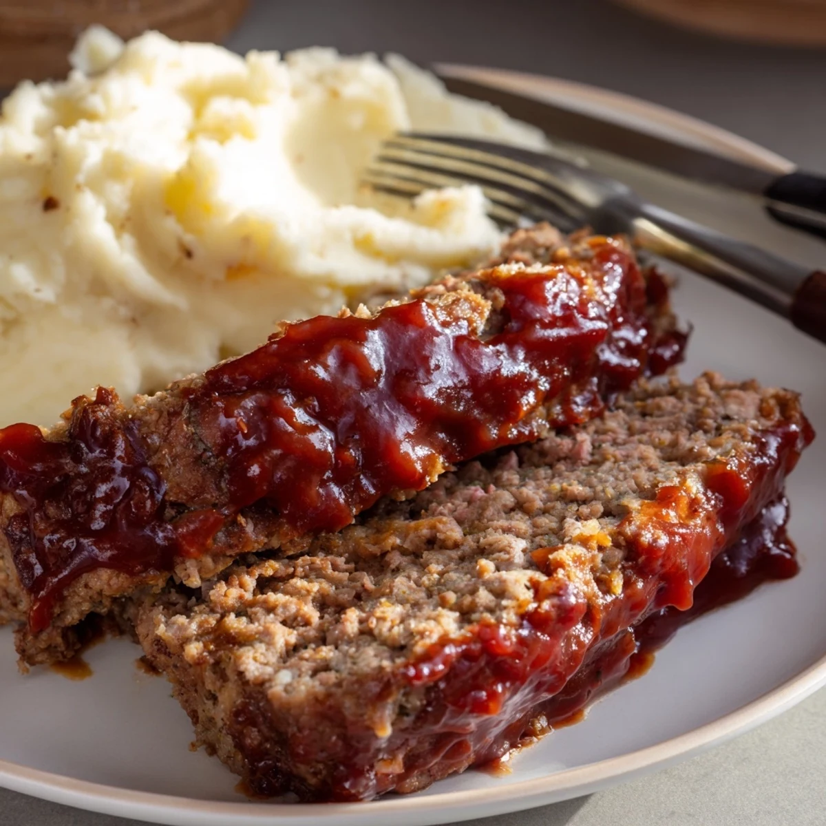 Juicy classic meatloaf drizzled with sweet glaze alongside creamy mashed potatoes.  