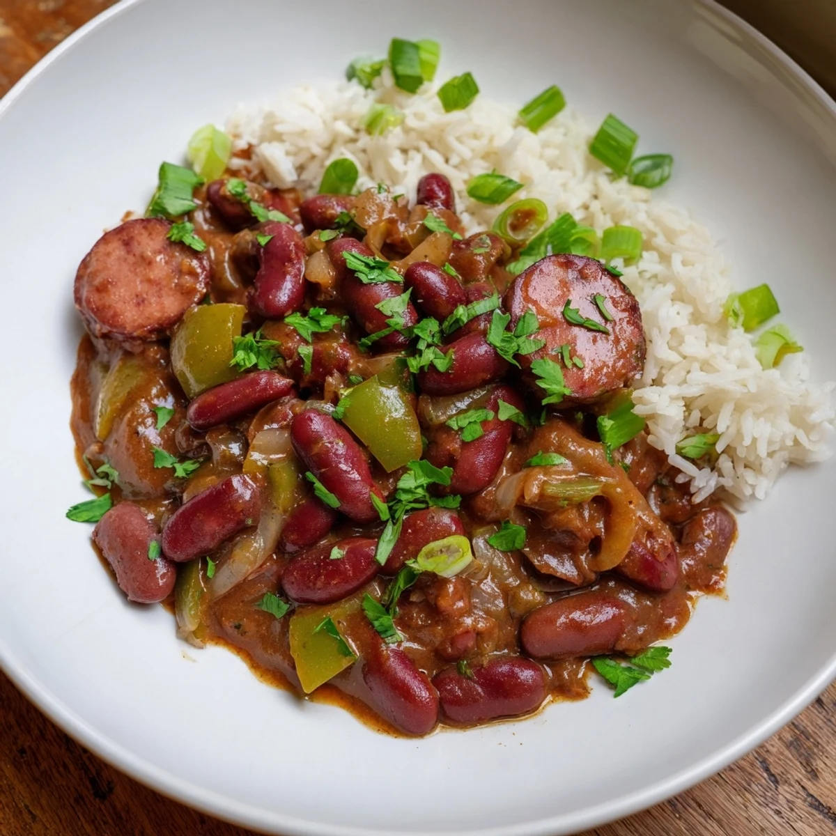 Steaming bowl of Red Beans & Rice, a Creole classic with sausage and fluffy white rice.