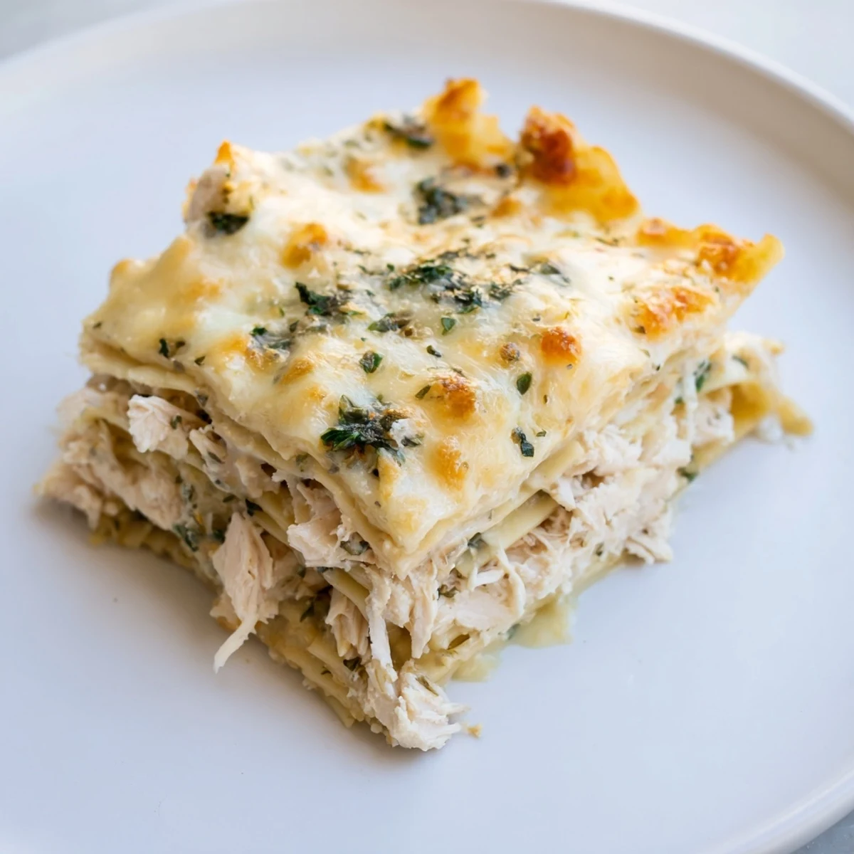 Golden brown bubbling Rosemary Chicken Lasagna fresh from the oven, served hot.