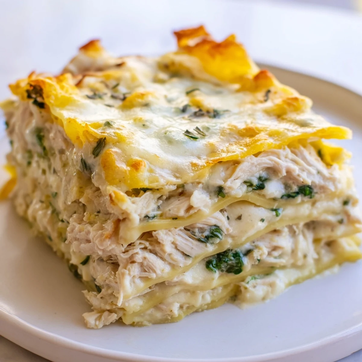 A close-up shot of a Rosemary Chicken Lasagna slice, oozing melted cheese and rich sauce.