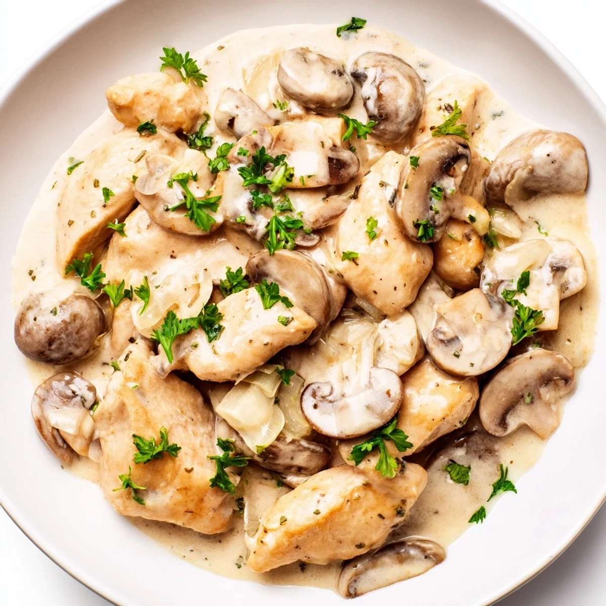 A close-up of savory Creamy Chicken Stroganoff over egg noodles, steaming slightly, ready to eat!