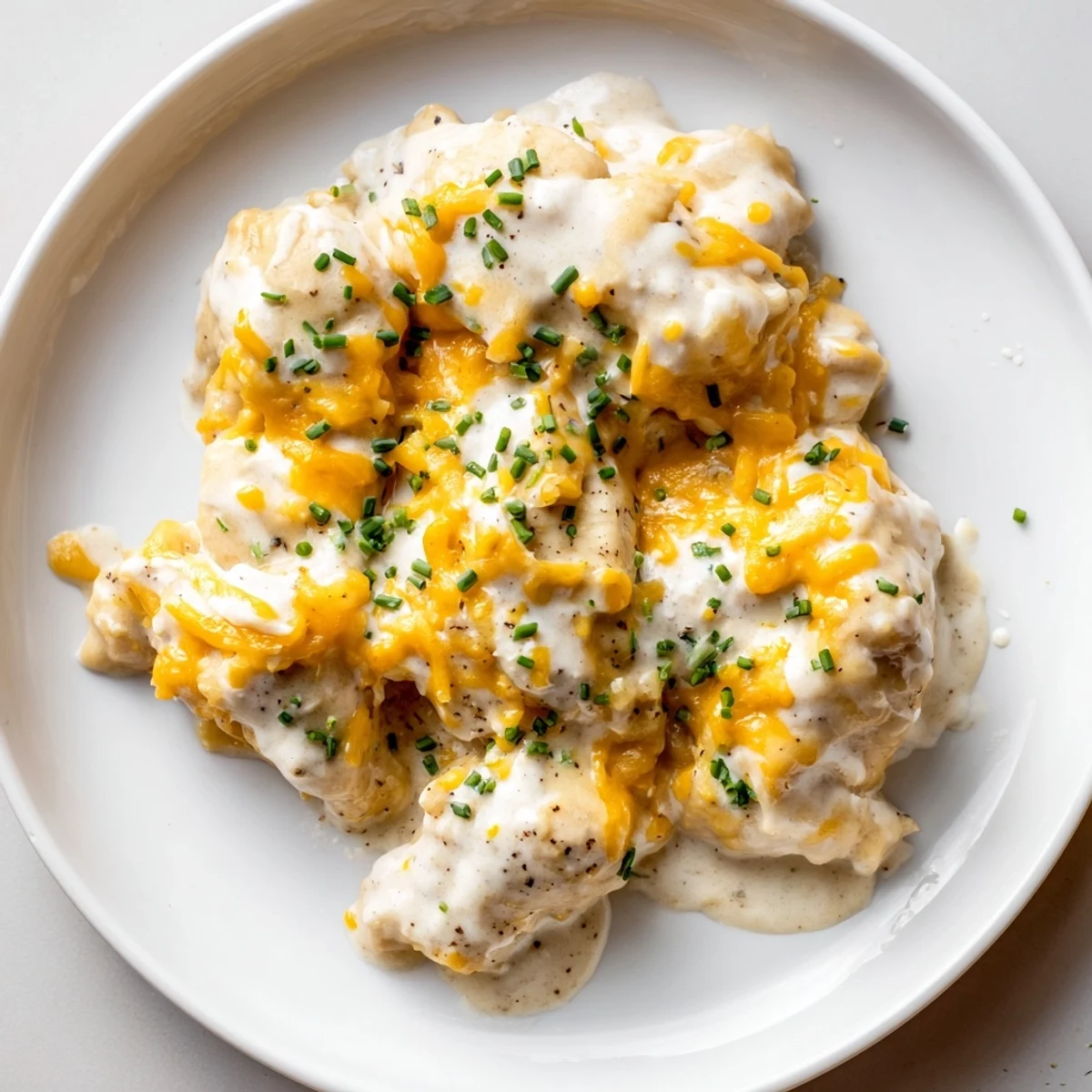 Delicious, creamy Cheddar Ranch Chicken Bake, with optional chives, served ready to eat.