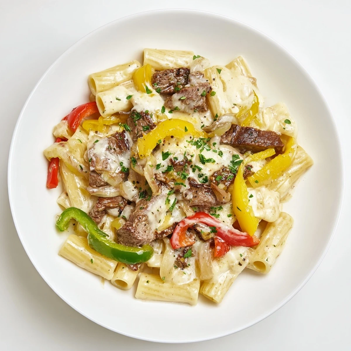 Creamy Philly Cheese Steak Pasta, loaded with tender steak and colorful sautéed vegetables, ready to serve.