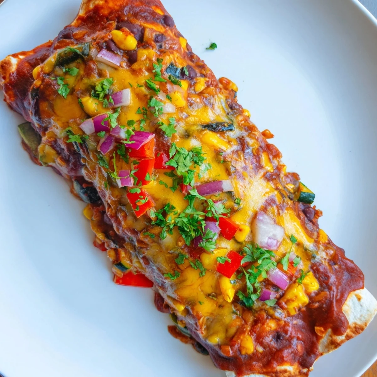 Farmers Market Vegetarian Enchiladas: A close-up of cheesy, bubbling, and flavorful baked enchiladas.