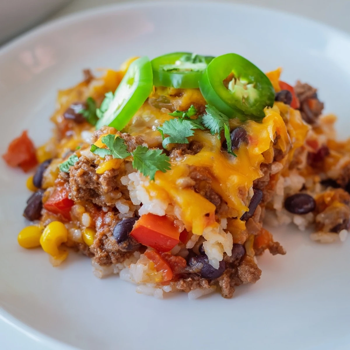Steaming Tex-Mex Beef & Rice Casserole, bubbling with melted cheese, perfect for a cozy weeknight dinner.
