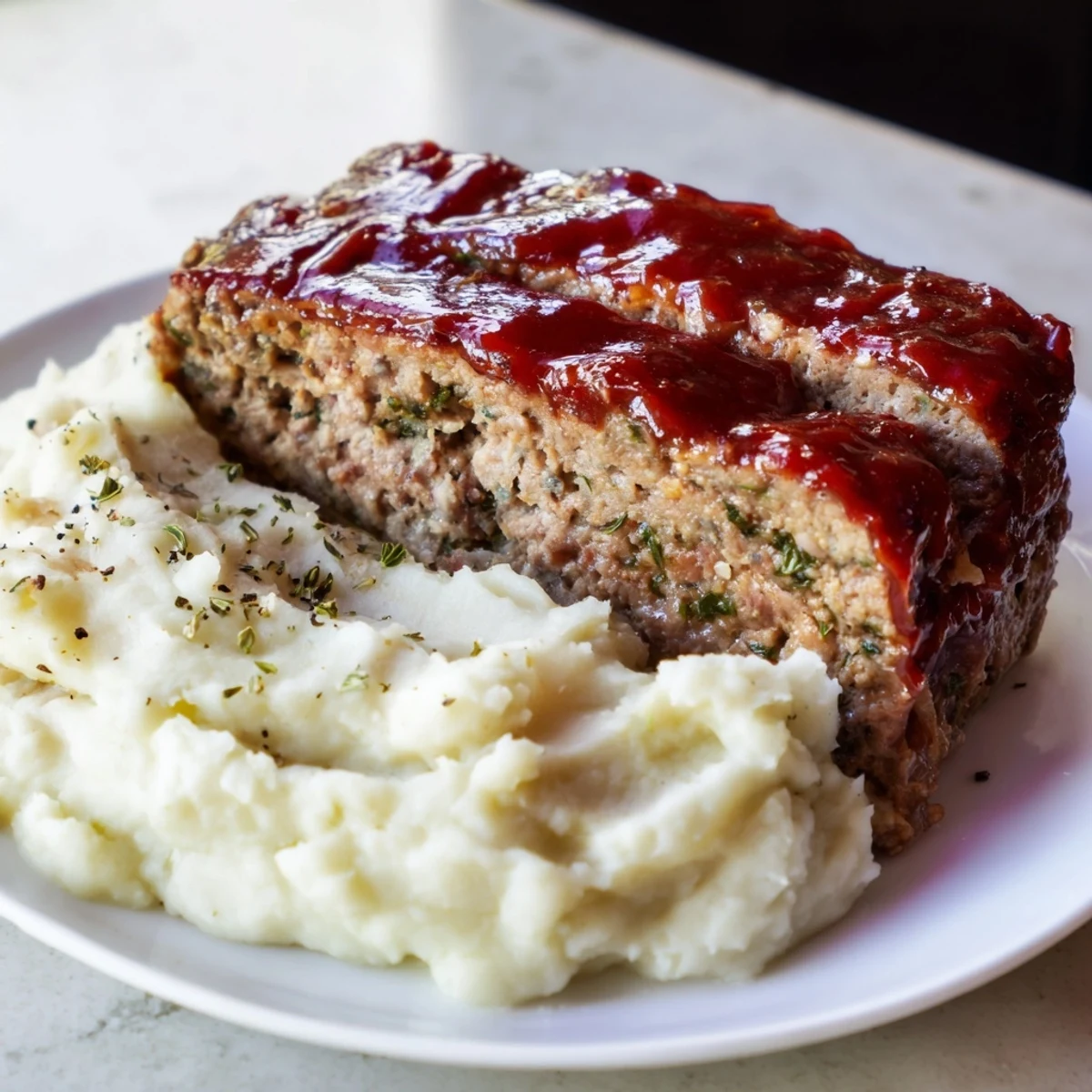 Juicy sliced classic meatloaf with a shiny glaze, served alongside creamy mashed potatoes.