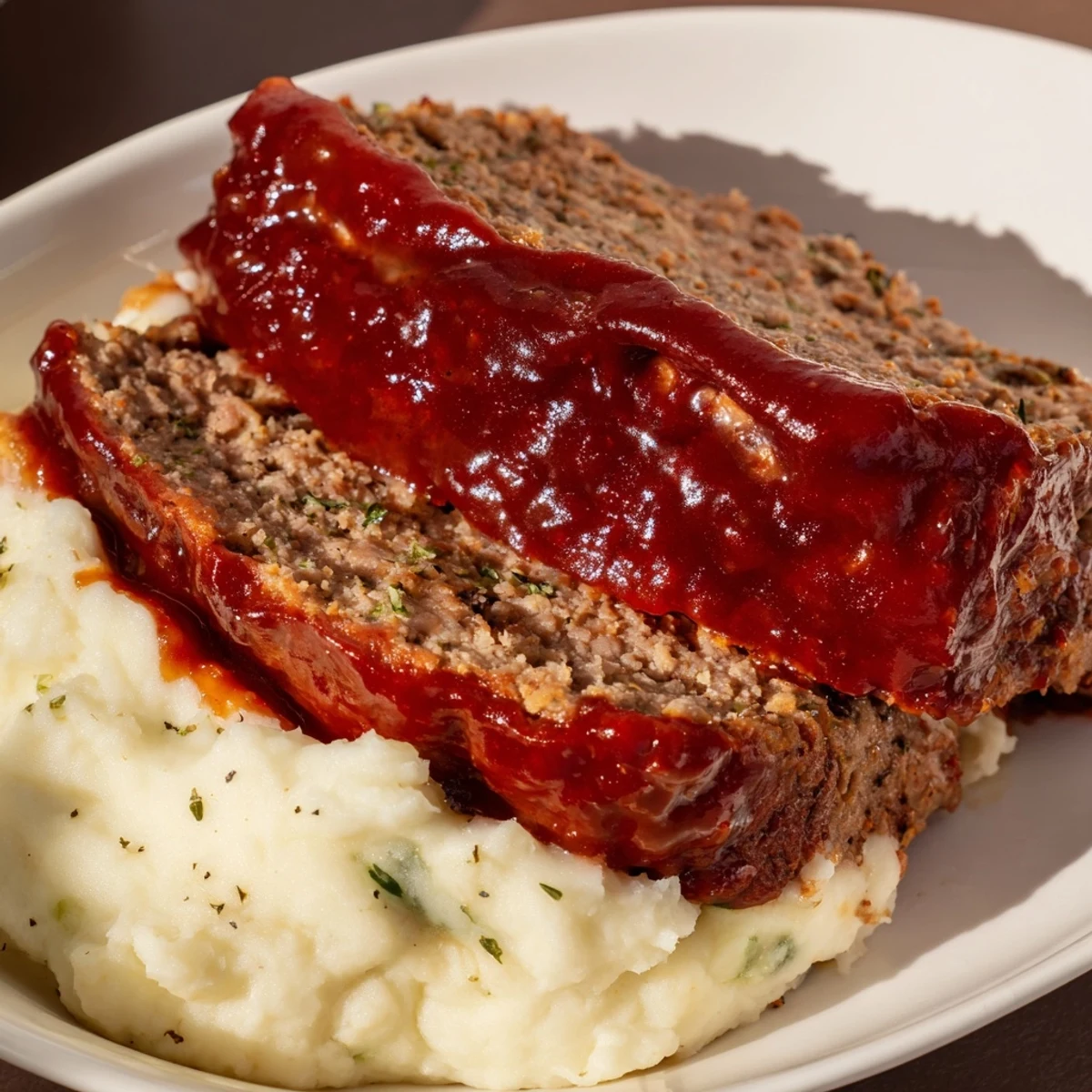 A close-up of a hearty plate of classic meatloaf and mashed potatoes, ready to eat.