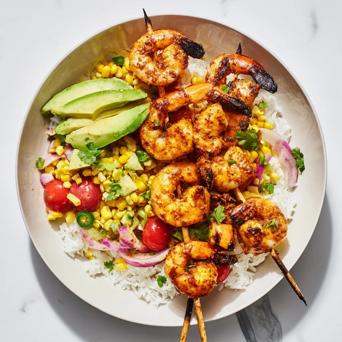 Juicy grilled shrimp nestled atop rice in a vibrant Easy Grilled Shrimp Bowl, ready to eat.
