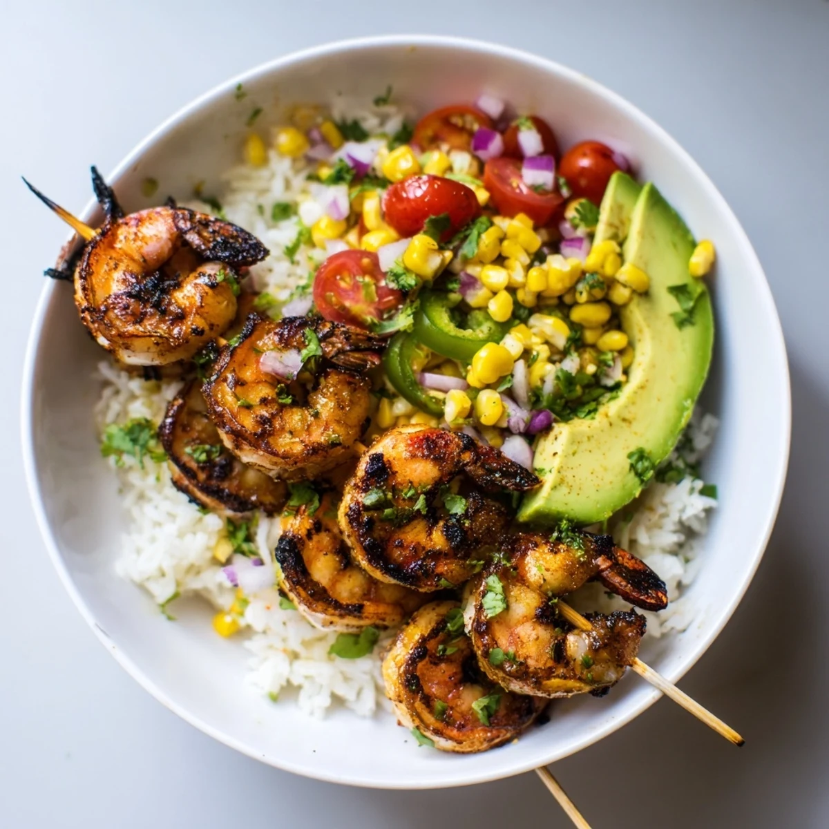 Fresh avocado corn salsa complements the flavorful grilled shrimp in this easy, healthy bowl.