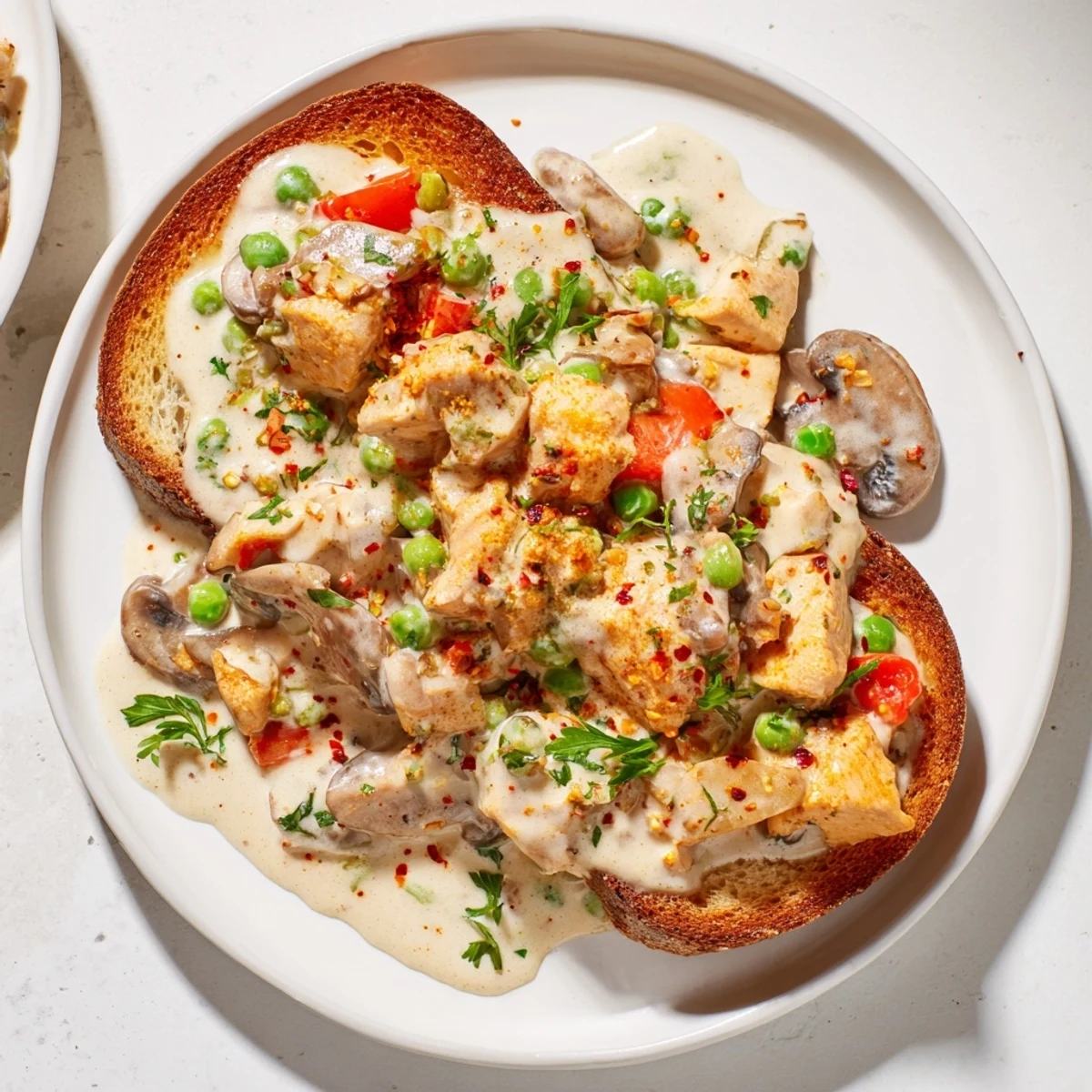 Creamy chicken à la king over toasted bread, a comforting meal with savory mushrooms and peas.