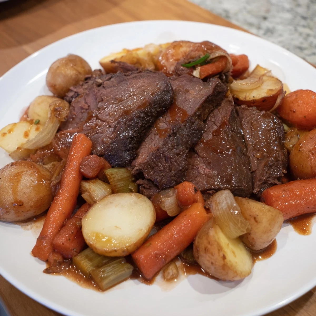 A close-up shot of a flavorful Sunday Pot Roast brimming with vibrant, roasted root vegetables.